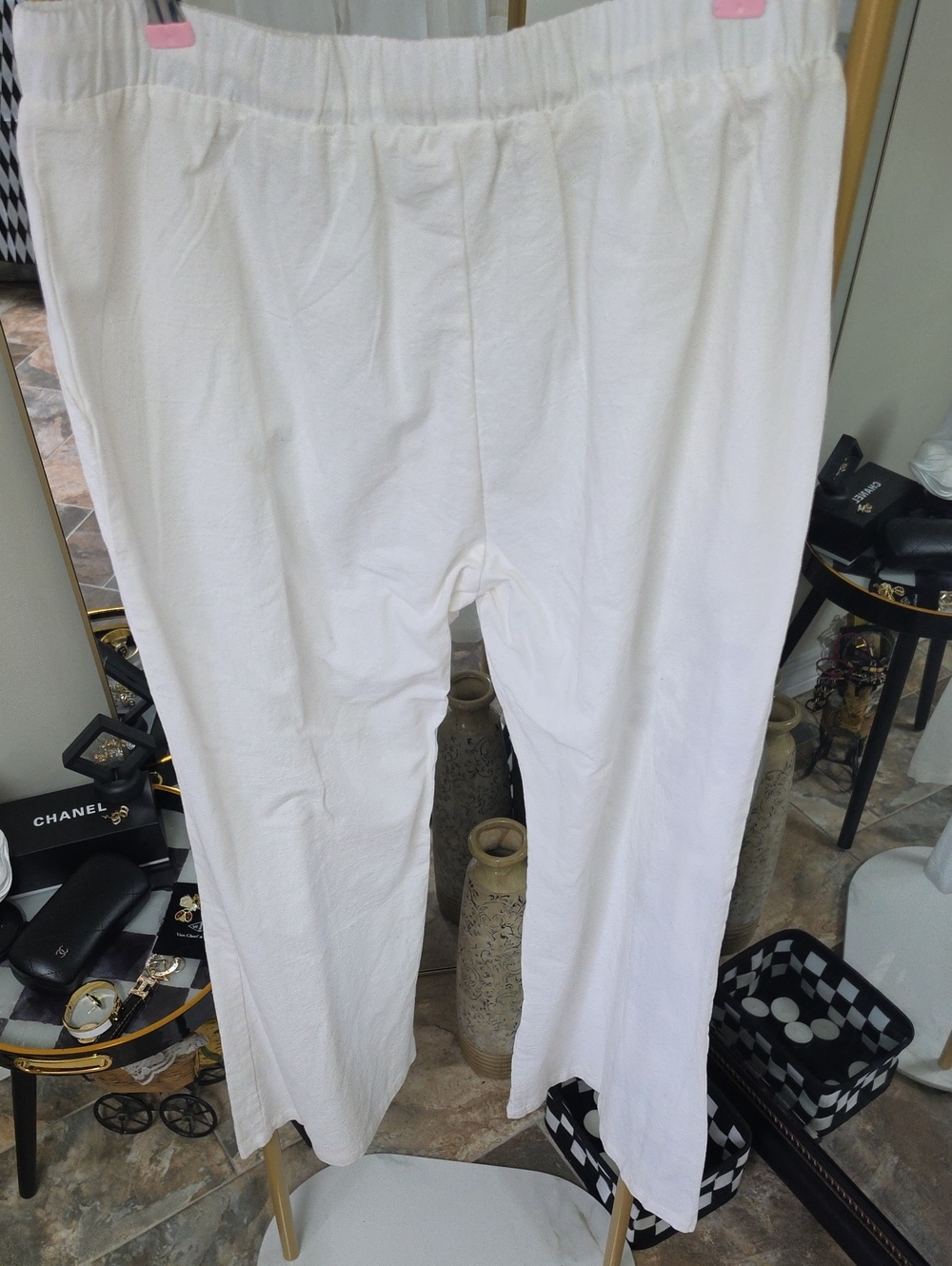 White Linen Wide-Leg Pants with Blue Floral Print - Picture 7 of 10